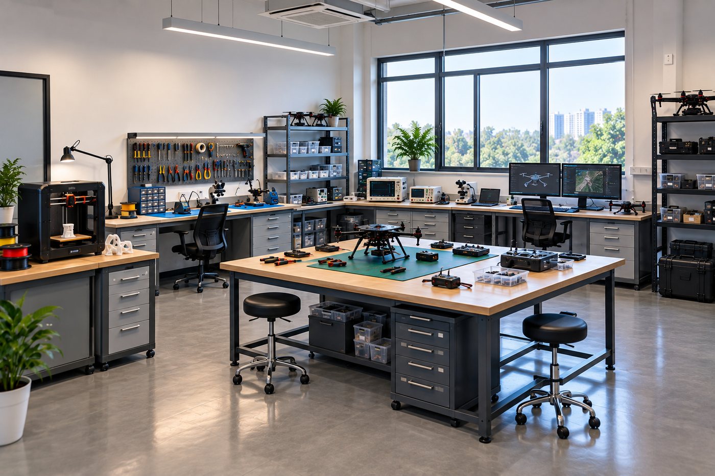 Advanced drone lab with multiple workstations, a 3D printer, oscilloscopes, and dual-monitor mission-planning software
