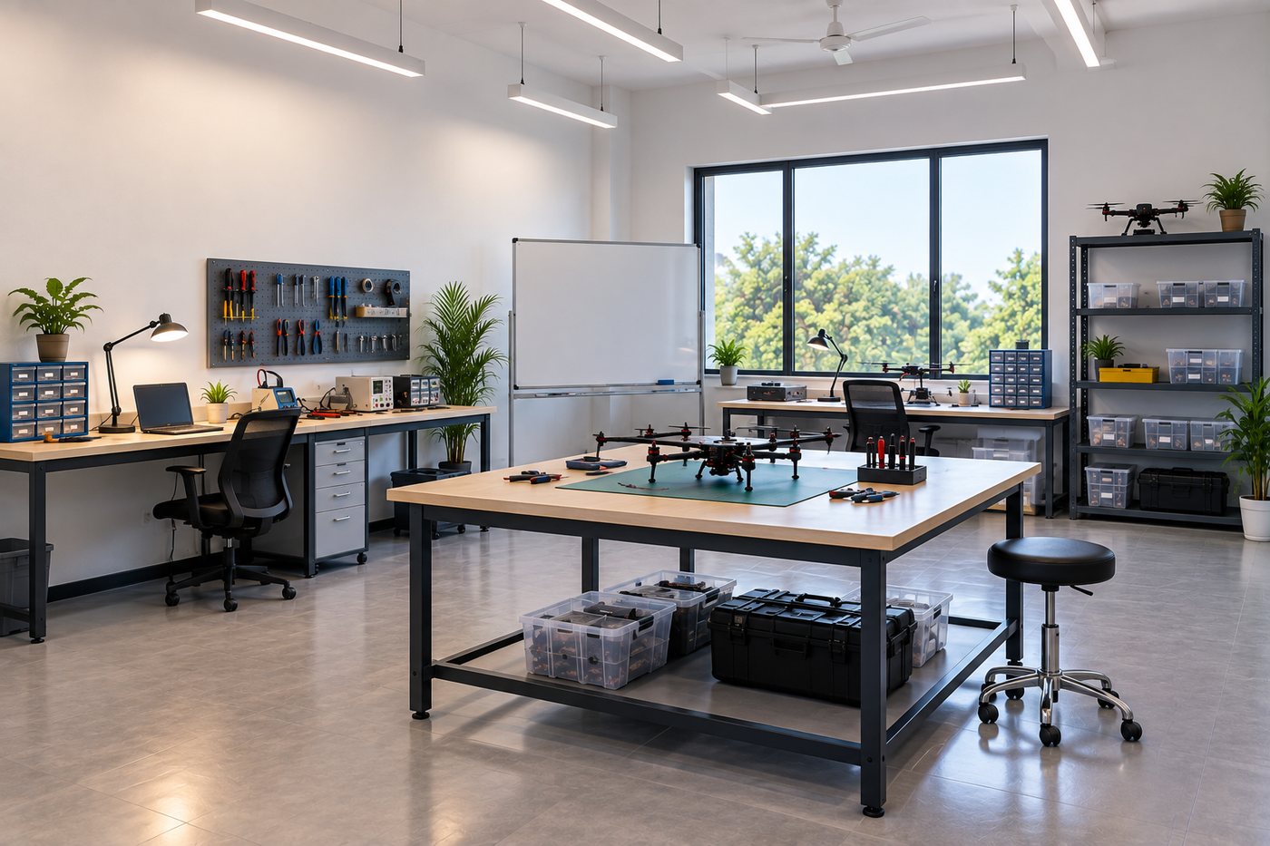 Basic drone lab workbench with a training quadcopter, hand tools, and a pegboard of equipment