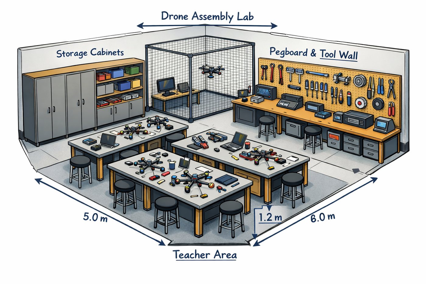 Illustrated layout of an intermediate drone assembly lab showing build tables, a netted flight test enclosure, storage cabinets, and a pegboard tool wall