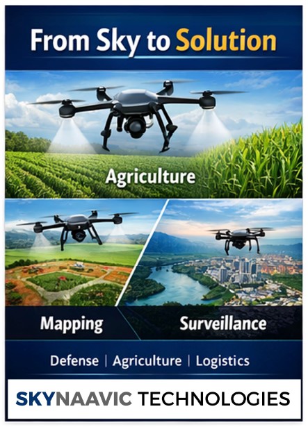 From Sky to Solution — Agriculture, Mapping, Surveillance poster for SkyNaavic Technologies
